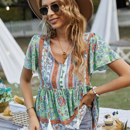 Bohemian Print Casual Resort Style Short Sleeve Ladies Top