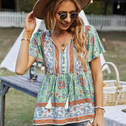 Bohemian Print Casual Resort Style Short Sleeve Ladies Top
