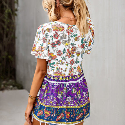 Bohemian Print Casual Resort Style Short Sleeve Ladies Top