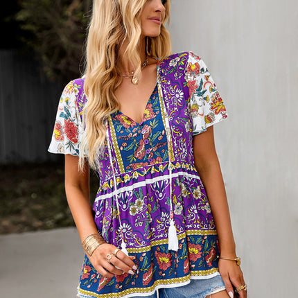 Bohemian Print Casual Resort Style Short Sleeve Ladies Top