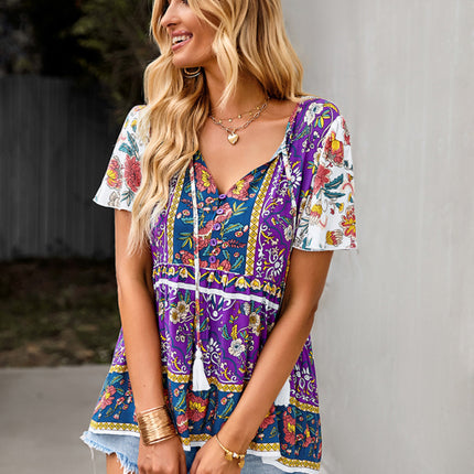Bohemian Print Casual Resort Style Short Sleeve Ladies Top