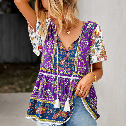 Bohemian Print Casual Resort Style Short Sleeve Ladies Top