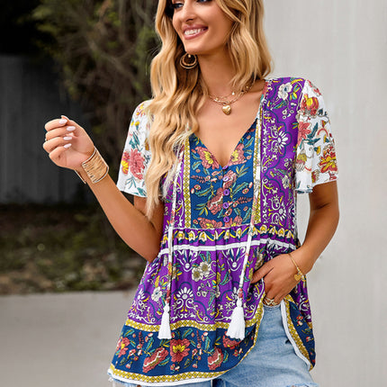 Bohemian Print Casual Resort Style Short Sleeve Ladies Top