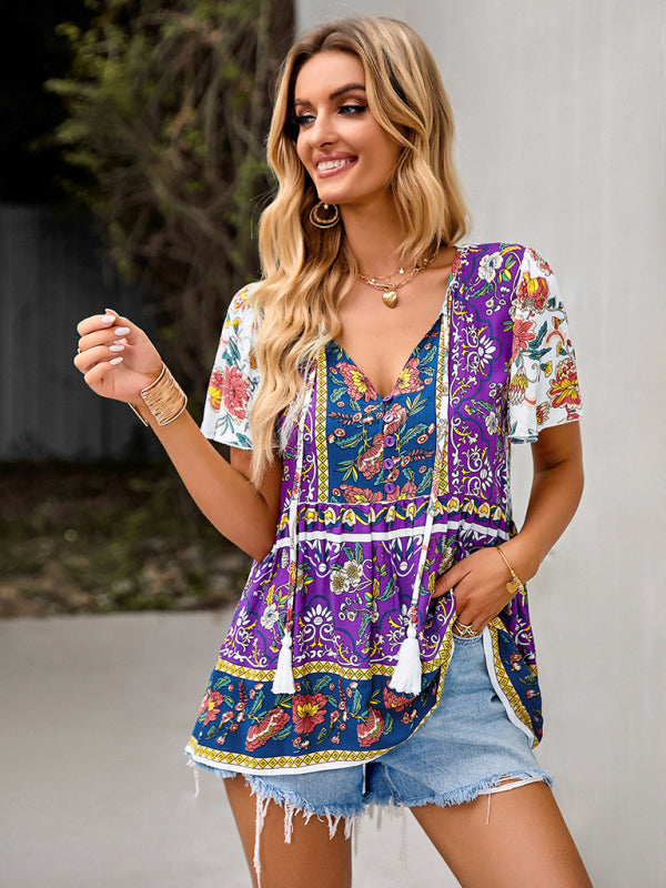 Bohemian Print Casual Resort Style Short Sleeve Ladies Top