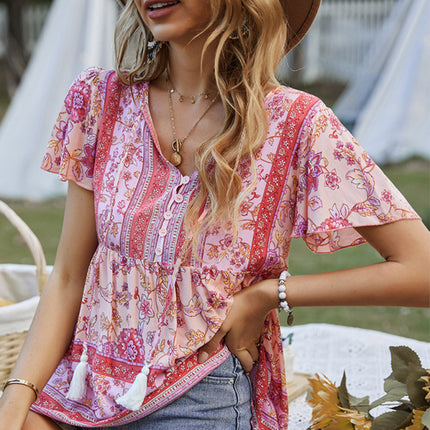 Bohemian Print Casual Resort Style Short Sleeve Ladies Top