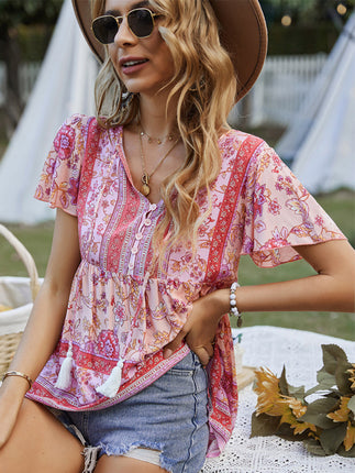 Bohemian Print Casual Resort Style Short Sleeve Ladies Top