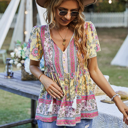 Bohemian Print Casual Resort Style Short Sleeve Ladies Top