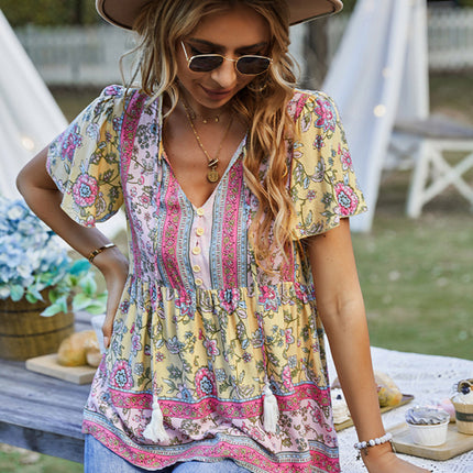 Bohemian Print Casual Resort Style Short Sleeve Ladies Top