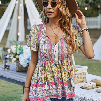 Bohemian Print Casual Resort Style Short Sleeve Ladies Top