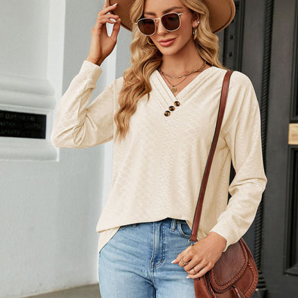 V Neck Button Loose Long Sleeve T-Shirt Top Women's Clothes
