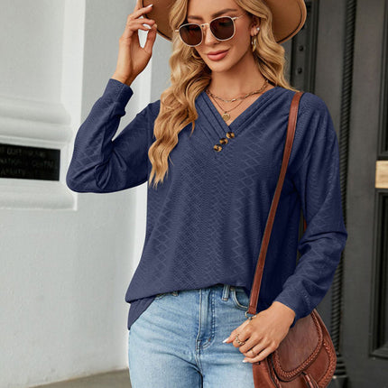 V Neck Button Loose Long Sleeve T-Shirt Top Women's Clothes