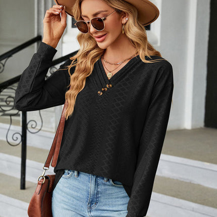 V Neck Button Loose Long Sleeve T-Shirt Top Women's Clothes