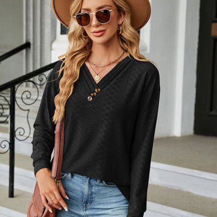 V Neck Button Loose Long Sleeve T-Shirt Top Women's Clothes