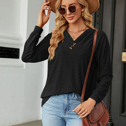 V Neck Button Loose Long Sleeve T-Shirt Top Women's Clothes