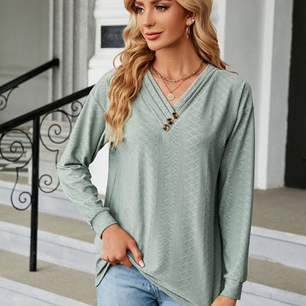 V Neck Button Loose Long Sleeve T-Shirt Top Women's Clothes