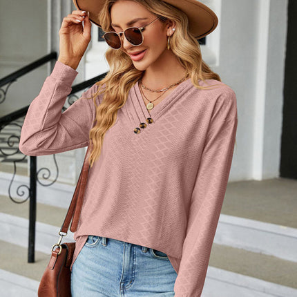 V Neck Button Loose Long Sleeve T-Shirt Top Women's Clothes
