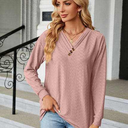 V Neck Button Loose Long Sleeve T-Shirt Top Women's Clothes
