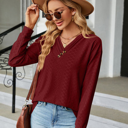 V Neck Button Loose Long Sleeve T-Shirt Top Women's Clothes