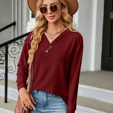 V Neck Button Loose Long Sleeve T-Shirt Top Women's Clothes