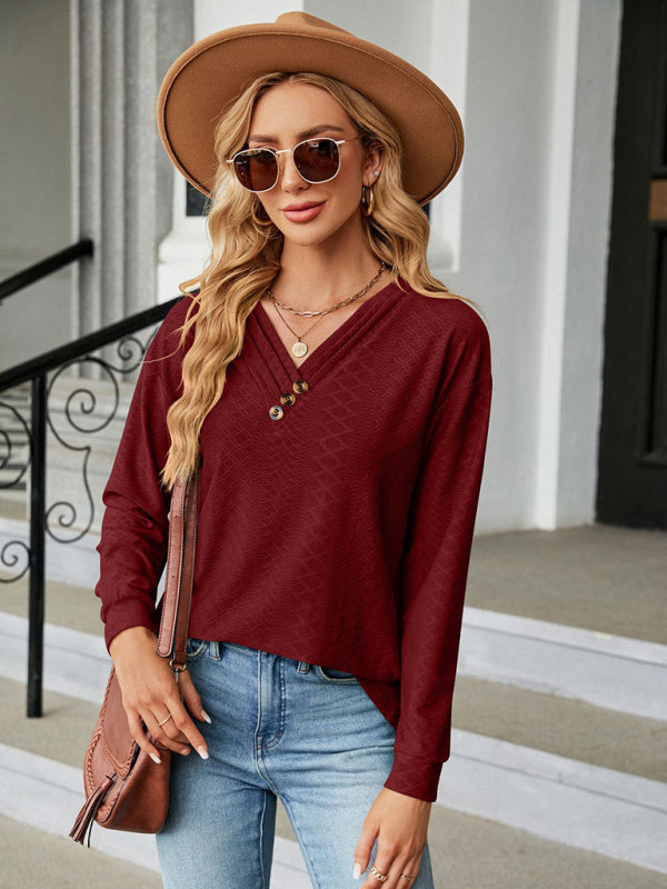 V Neck Button Loose Long Sleeve T-Shirt Top Women's Clothes