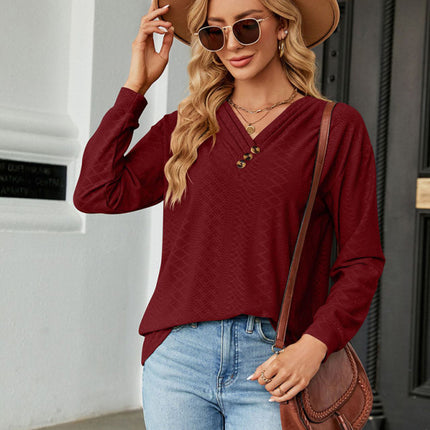 V Neck Button Loose Long Sleeve T-Shirt Top Women's Clothes