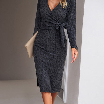 Women's Fashion Casual V-Neck Long-Sleeve Knitted Tie Dress