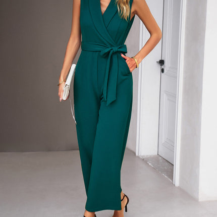 New women's elegant V-neck tie commuter sleeveless jumpsuit