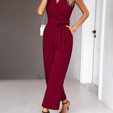 New women's elegant V-neck tie commuter sleeveless jumpsuit