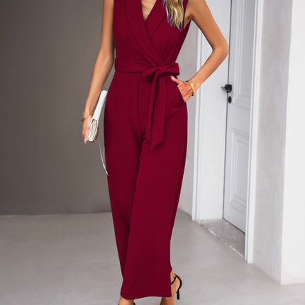 New women's elegant V-neck tie commuter sleeveless jumpsuit