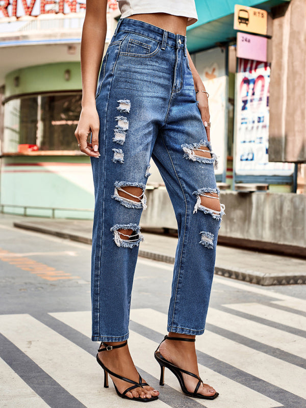 All-match washed ripped straight-leg denim cropped pants