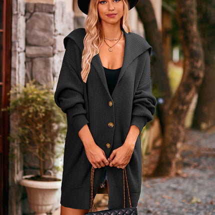 New women's solid color lapel tie pocket cardigan three buttons mid-length sweater coat