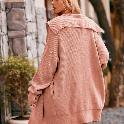 New women's solid color lapel tie pocket cardigan three buttons mid-length sweater coat