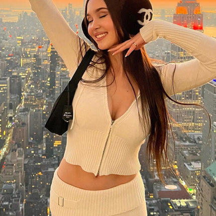 Knitted hooded set women's long sleeved pants two-piece set