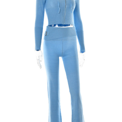 Knitted hooded set women's long sleeved pants two-piece set