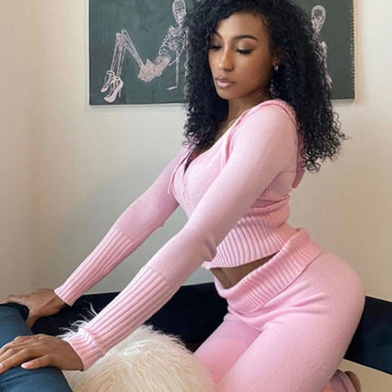 Knitted hooded set women's long sleeved pants two-piece set