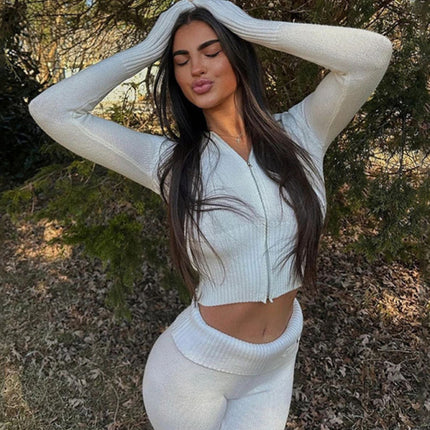 Knitted hooded set women's long sleeved pants two-piece set