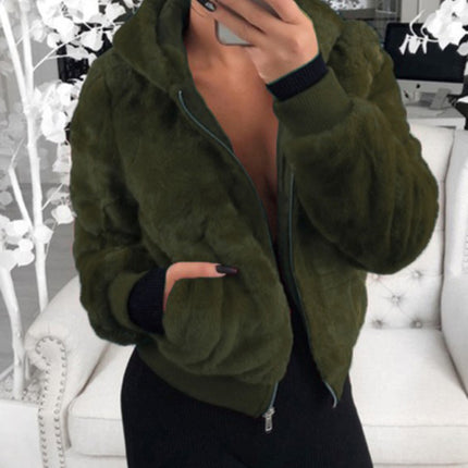 Autumn and winter furry long-sleeved hooded plush top long coat