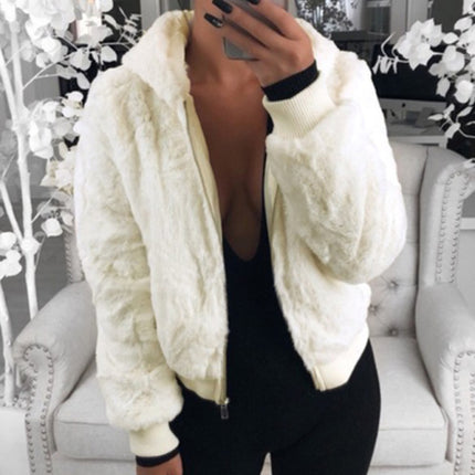 Autumn and winter furry long-sleeved hooded plush top long coat