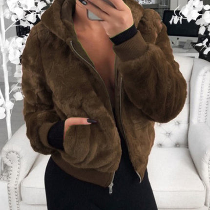 Autumn and winter furry long-sleeved hooded plush top long coat