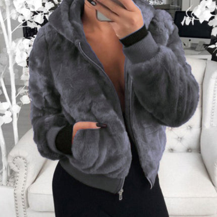 Autumn and winter furry long-sleeved hooded plush top long coat