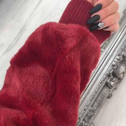 Autumn and winter furry long-sleeved hooded plush top long coat