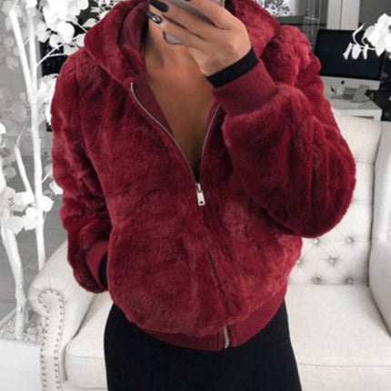Autumn and winter furry long-sleeved hooded plush top long coat