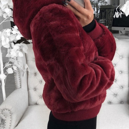 Autumn and winter furry long-sleeved hooded plush top long coat