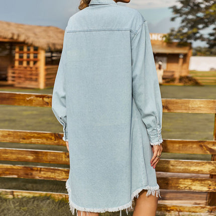 New Retro Washed Denim Loose Casual Long Sleeve Raw Edge Dress