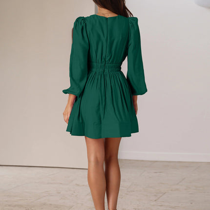 Deep V Neck Dress Long Sleeve Pleated Skirt Splicing Dress