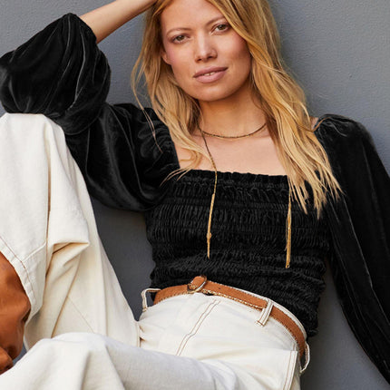 Women's Loose Lantern Pleated Slim Suede Long-sleeved Top