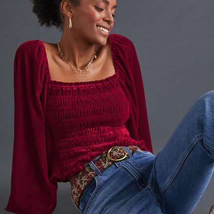 Women's Loose Lantern Pleated Slim Suede Long-sleeved Top