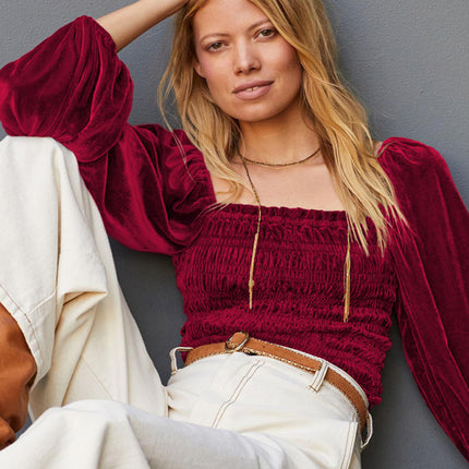 Women's Loose Lantern Pleated Slim Suede Long-sleeved Top