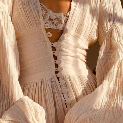 New French retro V-neck waist pleats loose slit temperament long-sleeved dress