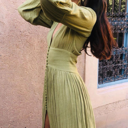 New French retro V-neck waist pleats loose slit temperament long-sleeved dress